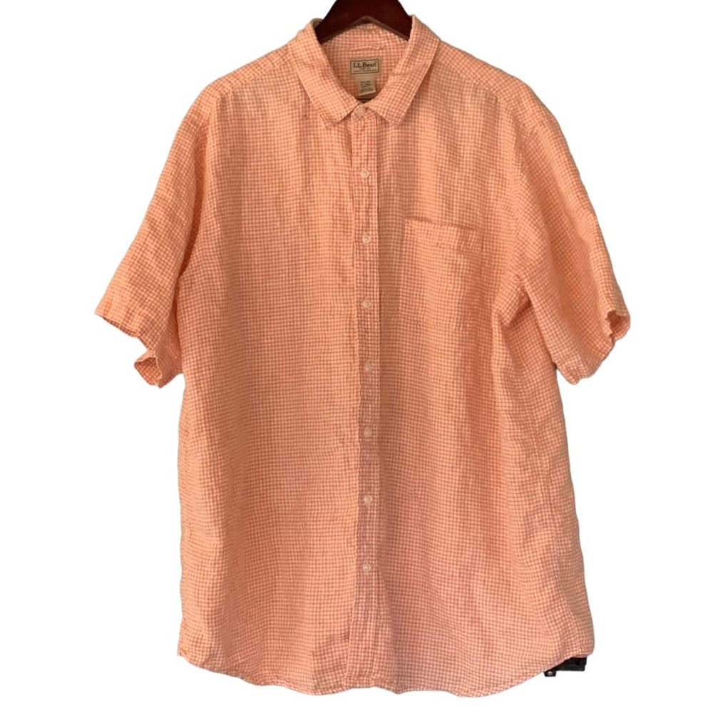 LL Bean Linen Button Up Shirt XL Tall Short Sleeve Mini Check Tattersall Orange